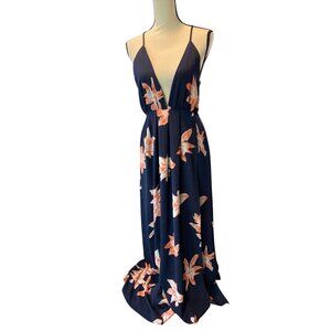 Simplee Halter Maxi Dress Y2K L Blue Floral Low VNeck Crisscross Back High Slit